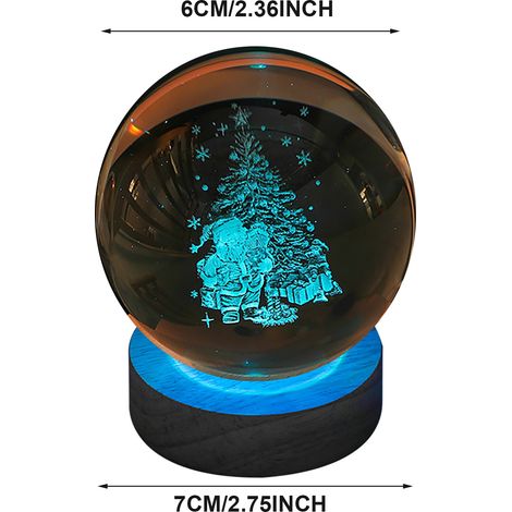 Boule de Noël en cristal 6cm sur socle bois lumineux USB, veilleuse décorative multicolore 7cm (1/5)