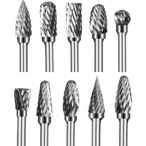 Fraises sur tige en carbure de tungstène à double coupe, kit de 10 pièces, queue 1/8”, tête d’affûtage 6 mm (1/4)