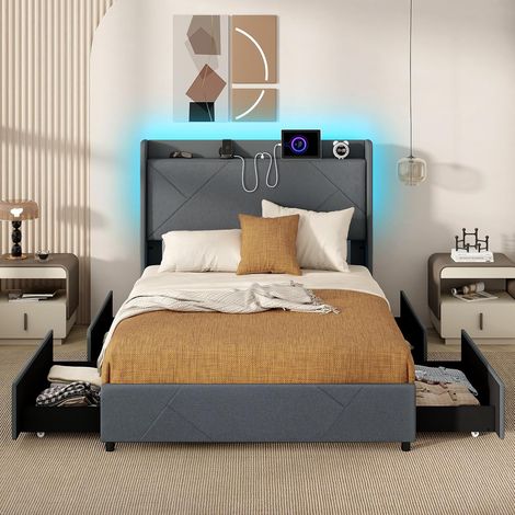 COSTWAY Letto Matrimoniale 160 x 200 cm, Letto Imbottito con Testiera, Luci LED, Stazione di Ricarica, 2 Tasche e 4 Cassetti, Carico 500kg, Silenzioso (1/5)