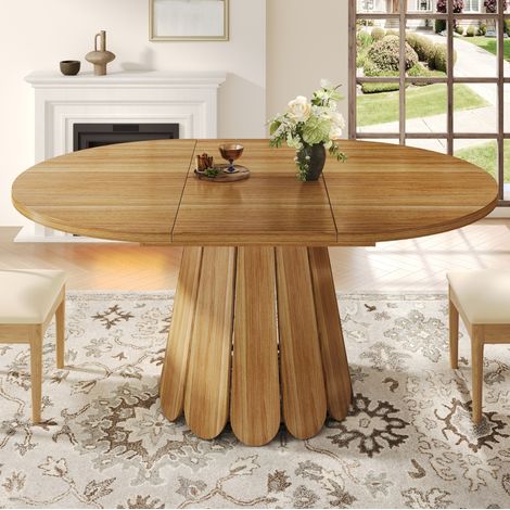 Mesa de comedor extensible redonda 118-158 cm para cocina, salón y balcón, estructura de MDF y metal marrón (1/5)