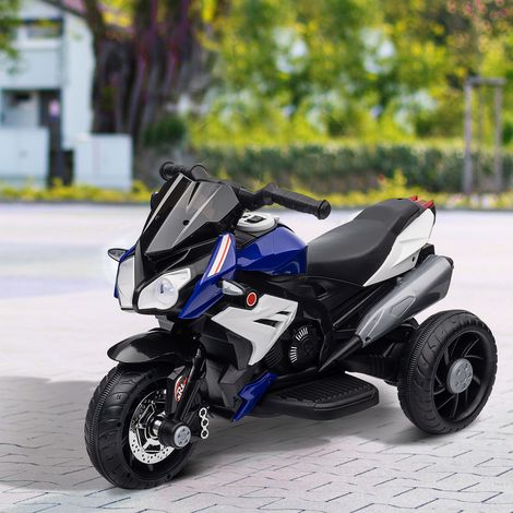 Moto électrique pour enfants à 3 roues, batterie rechargeable 6V, fonctions musicales, klaxon, phares, 86 x 42 x 52 cm, noir et bleu
