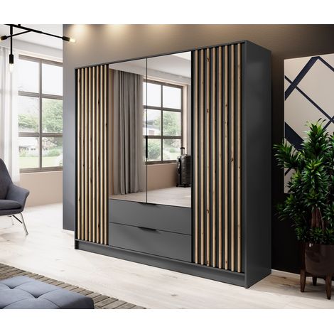 Azura Home Design – Armoire dressing 4 portes miroirs 206 cm anthracite – Panneaux laminés 16 mm – Poignées aluminium noir – Rangement optimisé (1/4)