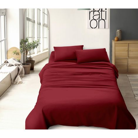 Set Lenzuola 100% Cotone Di Flanella Completo Letto Made In Italy Anti-Pilling Tinta Unita Lenzuolo Sopra Sotto Federe Bordeaux - Francese