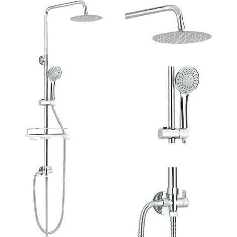 Colonne de Douche sans Mitigeur ,Réglable en Hauteur Ensemble de Douche avec 20CM pomme de douche Pluie en acier inoxydable Chromé avec Étagère,3 jets Douchette