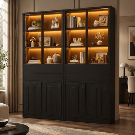 Vitrina expositora 140x34x180 cm de aglomerado negro, LED y 2 cajones - CHICFURN (1/5)