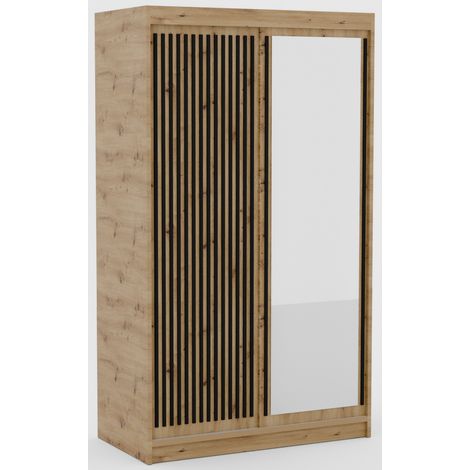 Armoire coulissante BIZEN avec lames décor bois et miroir – Moderne et chaleureux 120 cm-Beige/Noir-Largeur 120 cm (1/5)