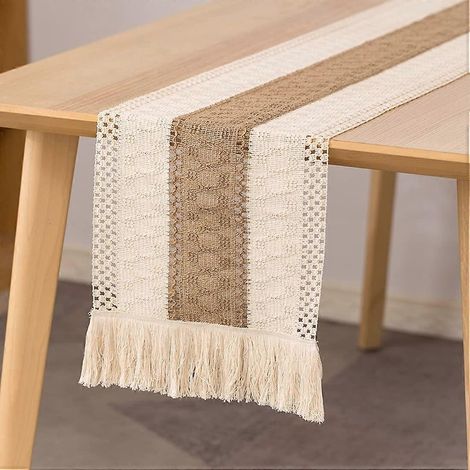 Tischläufer mit Pompons aus Baumwoll-Jute, Tischläufer im Bohème-Stil für den Couchtisch oder festliche Mahlzeiten