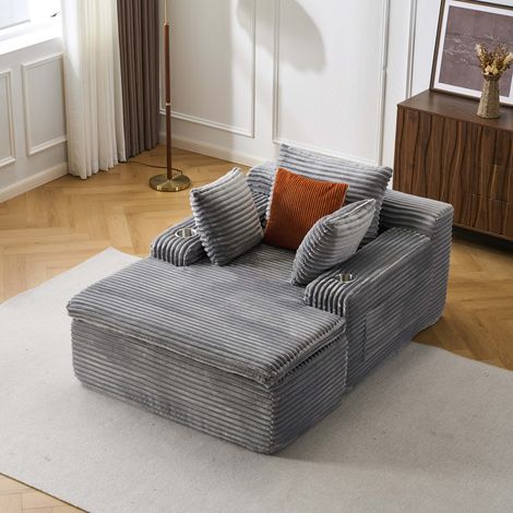 Cord Schlafsessel mit Liegefunktion, weiches Loungesofa mit Kissen, Decke und Getränkehaltern, werkzeuglos