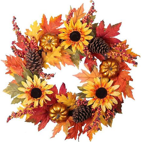 45cm-automne Tournesol Artificiel Couronne Simulation Feuille D'erable Citrouille Tournesol Suspension De Porte Festival De La Moisson Anneau En R (1/3)