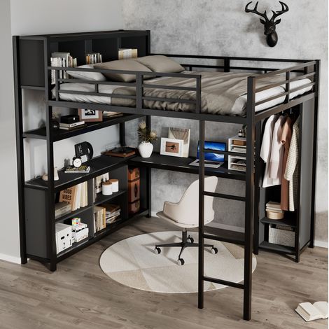 Bett Hochbett modern 140x200 cm aus Metall und Holz, schwarz, mit Schreibtisch, Kleiderschrank, Stauraum und Leiter (1/5)