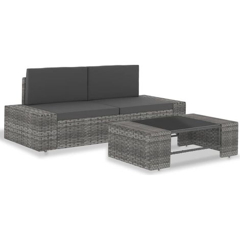 3-tlg. Garten-Lounge-Set Poly Rattan Grau