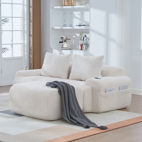 Divano angolare componibile in velluto a coste, 1 poggiapiedi, portabicchieri e tasca laterale, combinazione libera - 2 posti, 200×174×80 cm, beige