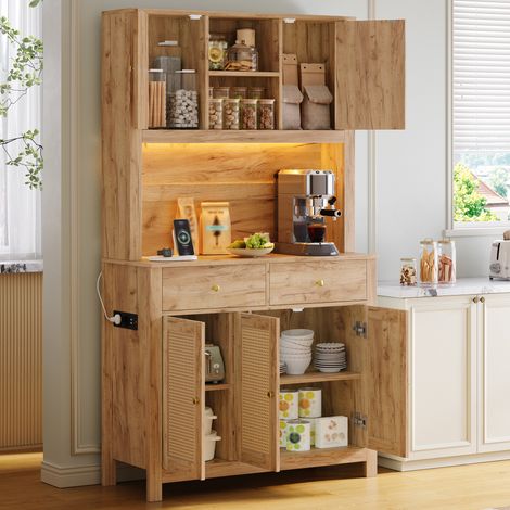 MODFU – Aparador alto de cocina 100x40x180 cm de MDF con LED RGB, enchufes USB, 5 puertas de ratán, 2 cajones y carga 50 kg – Natural (1/5)