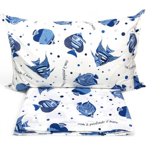 Completo Letto Cotone “Com'è Profondo il Mare” - Lenzuola Estive con Pesci Blu - Design Marinaro Made in Italy Due Piazze