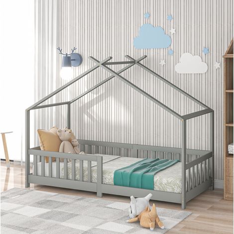 Cama infantil tipo cabaña de madera maciza de pino gris claro, 90x200 cm, con barandillas de seguridad y somier de láminas. (1/5)