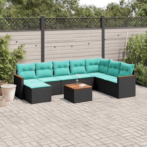9-teiliges Gartensofa-Set mit Kissen, schwarzes Polyrattan (1/5)