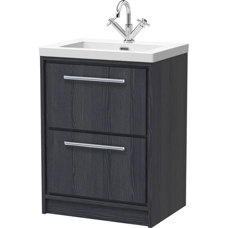 Longnor 2 Drawer Floor Standing Vanity Unit with 1 Tap Hole Modern Fireclay Basin, Woodgrain Graphite Grey, 600mm
