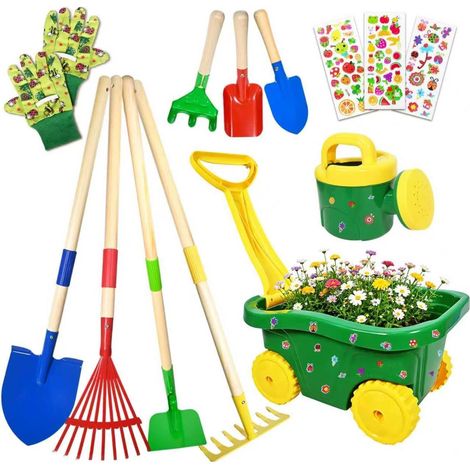 Brouette pour Enfants, 13pcs Brouette Jardin, Kit de Jeu avec Outils de Jardinage pour Enfants, Outillage de Jardin pour Enfants avec Brouette, Bêche, Autocollants, Rateau, pour Plage(B) (1/5)