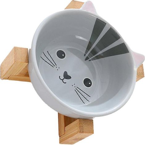 Gamelles pour nourriture et eau pour chats et chiens, gamelles en céramique avec supports en bambou. (1/4)