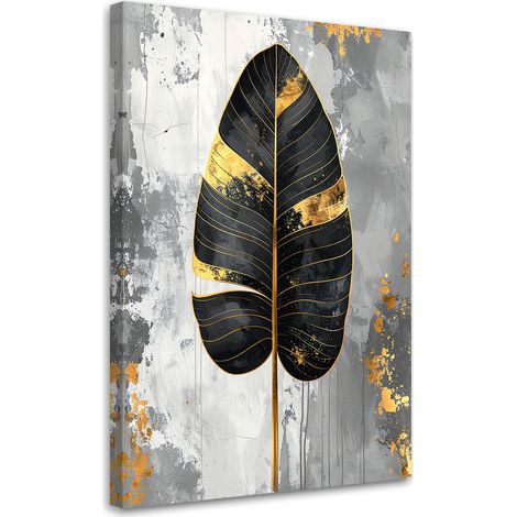 Impression sur Toile, Feuille de bananier noire sur fond gris,20x30 (1/4)