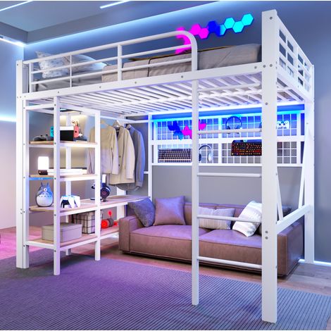Letto a soppalco 140 x 200 cm in metallo e MDF con ripiano e luce LED bianca (1/5)