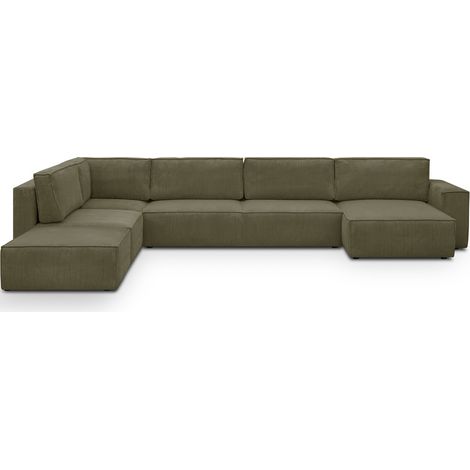 Canapé d'angle à gauche panoramique convertible modulable 8 places avec pouf en velours côtelé vert kaki - Harper Mod (1/5)