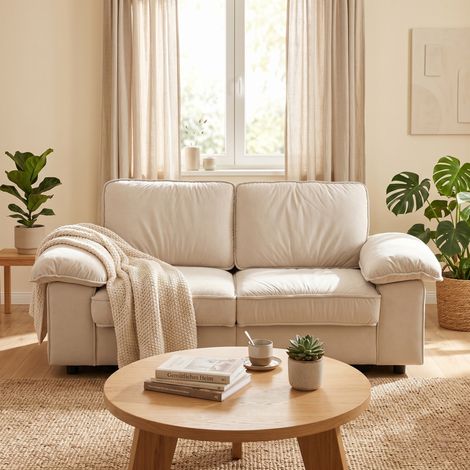 Canapé en tissu peluche courte polyester blanc crème avec rangement sous l’assise (1/5)
