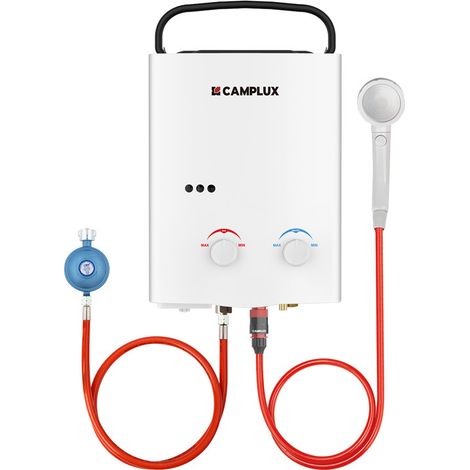 CAMPLUX Chauffe-eau à Gaz portables de 5L/min 10kW, Chauffe-eau instantanés au gaz propane/butane - AY132-DE - 50mbar - Blanc