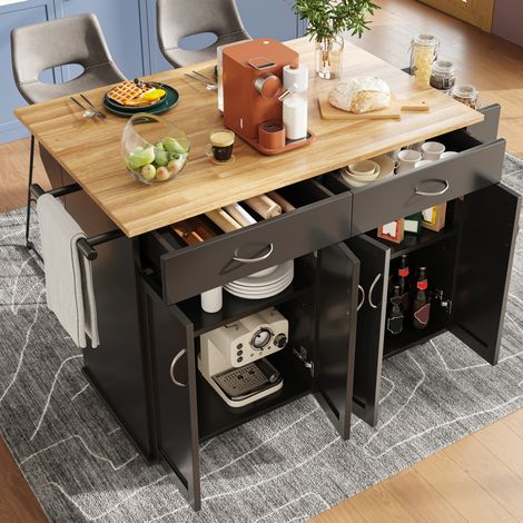 Isla de cocina 106x50x90.5 cm negra en MDF con encimera abatible y ruedas con freno