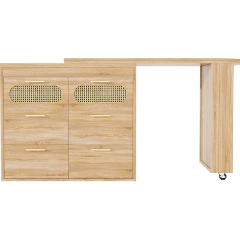 Mesa de bar giratoria 128-203 cm con 6 cajones y puertas de ratán PE, MDF natural (1/5)