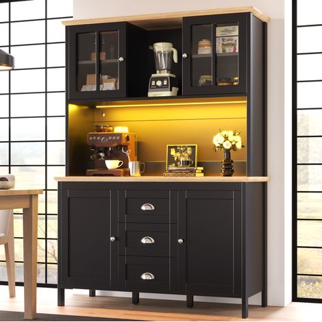 Credenza alta da cucina in MDF e metallo 120x40x179 cm nera con LED, 4 ante e 3 cassetti (1/5)