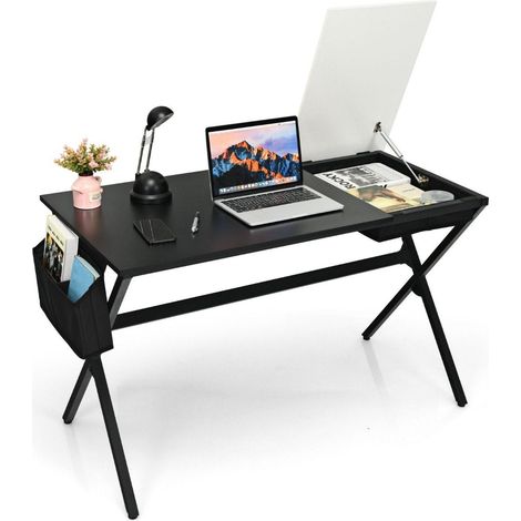 Escritorio de 120 cm de largo con cajon cubico y bolsillo lateral para ordenador negro blanco