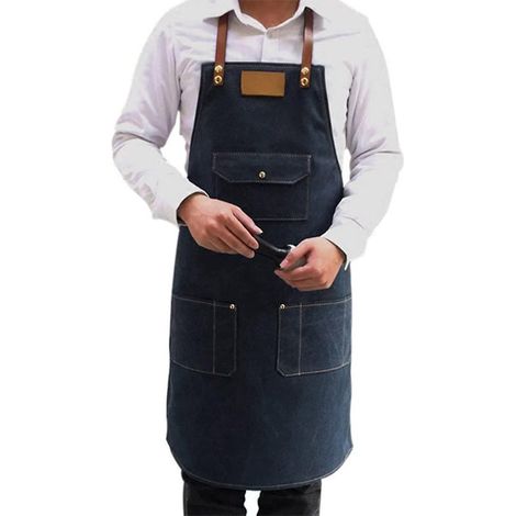 Tablier de cuisine en denim, tablier de serveur, 3 poches, unisexe, 78 x 60 cm, couleur marine. (1/5)