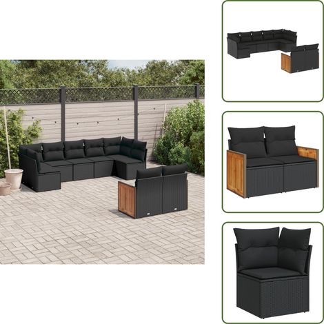 The Living Store 9-tlg. Garten-Sofagarnitur mit Kissen Schwarz Poly Rattan - Gartensessel (1/5)