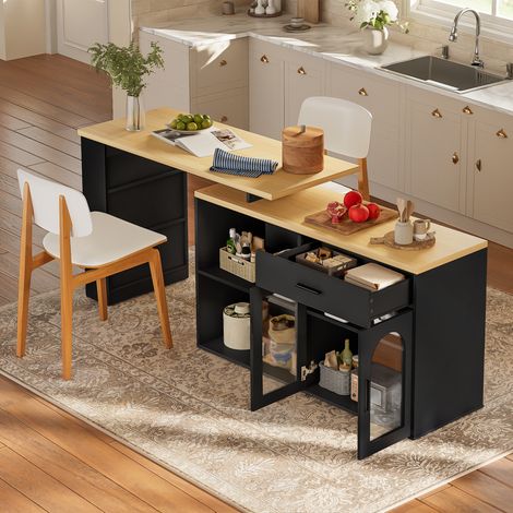 Îlot de cuisine 136x50x78 cm, table de bar pivotante 360° avec tiroir, étagères et meuble de rangement, MDF, Noir (1/5)