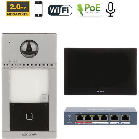 Hikvision Videocitofono senza fili Wi-Fi IP + Posto esterno DS-KV8113-WME1 + Monitor 10" DS-KH8520-WTE1 + Switch DS-3E0106HP-E Nr.01 Monitor