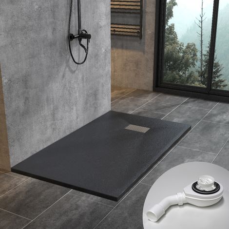 WITEN&NOCK design SMC Duschwanne Duschtasse mit Edelstahl Abflussrinne mit siphon, Steinoptik, schwarz, 140x80 cm (1/4)