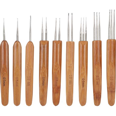 Set di 9 uncinetti per dreadlock, singoli, doppi, con 3 manici in bambù, strumento per intrecciare i capelli. (1/5)