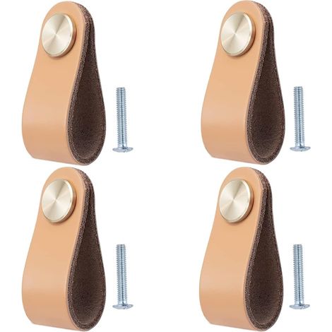 Lot de 4 Poignée Meuble Cuir, Bouton de Portes Placard Poignee Cuir Bouton de Tiroir, Poignee de Meuble Vintage pour Armoires, Commode, Cuisine, Salle de Bain (1/5)