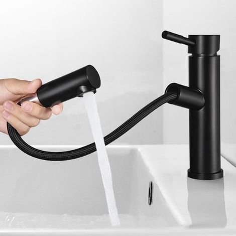 Robinet mitigeur lavabo VINSIC avec douchette extractible - Peinture noire - Laiton - Vanne en céramique (1/4)
