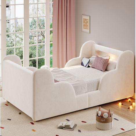 Lit enfant capitonné nuage velours beige 90x200 cm avec barrières rembourrées, veilleuse USB/Type-C et sommier à lattes (1/5)