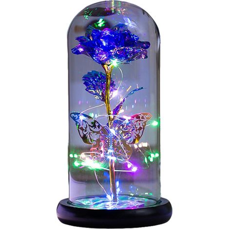 Rose artificielle Galaxy sous cloche en verre, papillon, lumière LED colorée (19 cm)