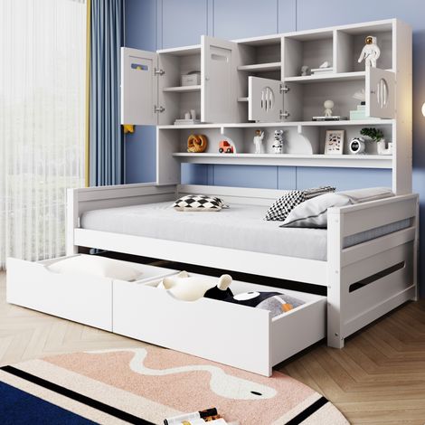 Letto singolo divano moderno 90x200 cm in legno bianco con testiera contenitore e 2 cassetti, rete a doghe (1/5)