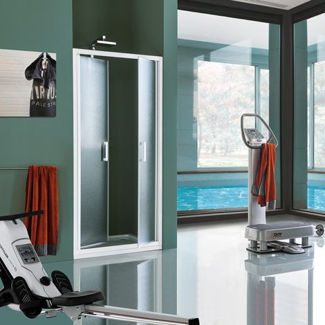 Samo - Porte de douche abattant Saloon 107 - 111 cm profilés blanc verre transparent - CEE ART