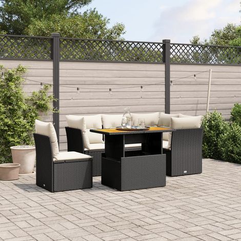 Ensemble Salon Jardin 5 Places Noir Résine Tressée avec Coussins Crème - Table Réglable et Modulaire (1/3)