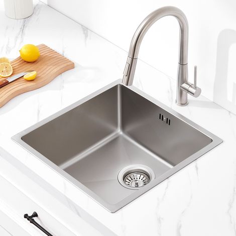 Auralum Lavello da cucina 44 x 44 cm lavello in acciaio inox, lavello da cucina a una vasca, lavelli nanorivestiti, adatto per armadi sopra i 45 cm, argento (1/5)