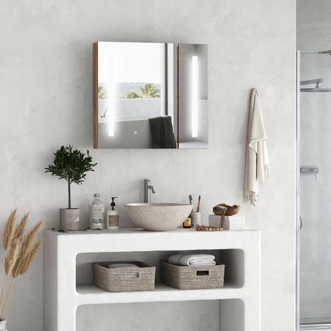 Miroir de salle de bain de rangement avec LED réglables - 70x15x65cm - placard avec 2 portes miroir et étagère réglable - marron