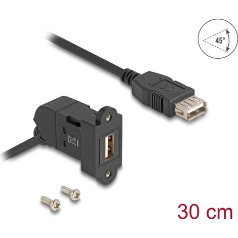 Delock USB 2.0 Tipo-A hembra para montaje en panel con Ã¡ngulo de 45Â° a Tipo-A hembra con cable de 30 cm negro