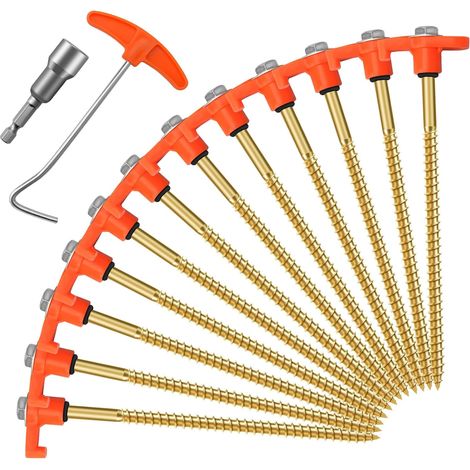 Lot de 12 piquets de tente en métal robuste, piquets rotatifs de 19,8 cm avec filetage, ancrages au sol pour camping, comprend un adaptateur de perceuse et un extracteur de clous, piquets en acier (1/5)