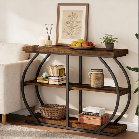 Tavolo consolle 105x24x80 cm marrone in legno e metallo con 3 ripiani (1/5)